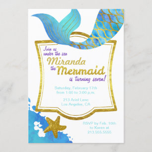 Mermaid Aquarelle Or Invitation Anniversaire