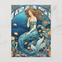 Mermaid Art Nouveau Aqua Blue Turquoise Art Deco