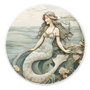 Mermaid Art Nouveau Faux Relief Mint L Ocean Sea Ceramic Knob