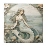 Mermaid Art Nouveau Faux Relief Mint R Ocean Sea Tile<br><div class="desc">"classy classic art nouveau", "sage green mermaid", "ocean sea marine girl lady", "faux relief ceramic tile", "teal blue and white water", "light pastel seaside mint", "vintage stylish shore life", "nautical mythical magical creature", "beautiful cream turquoise fairytale", "elegant beach coast antique"</div>