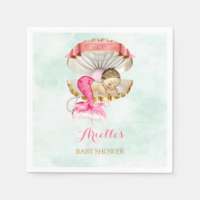 Mermaid Baby Clam Shell Tiara Pearls Pink Gold Napkin (Front)
