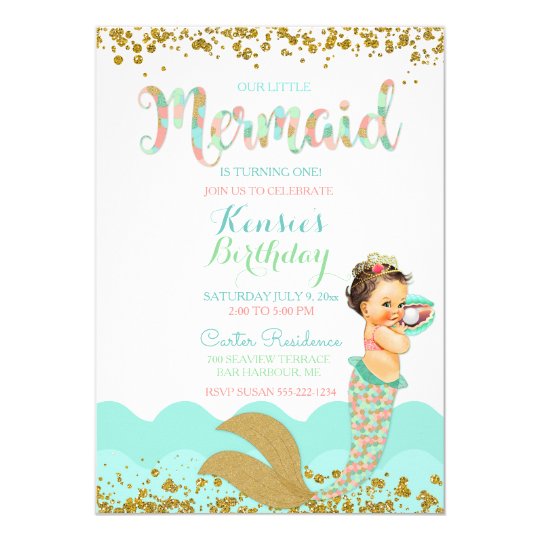 Mermaid Baby Girl Peach Coral Mint Gold Card