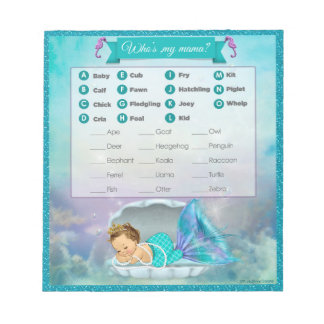 Mermaid Baby Shower Animal Match Game#130 40sheets Notepad