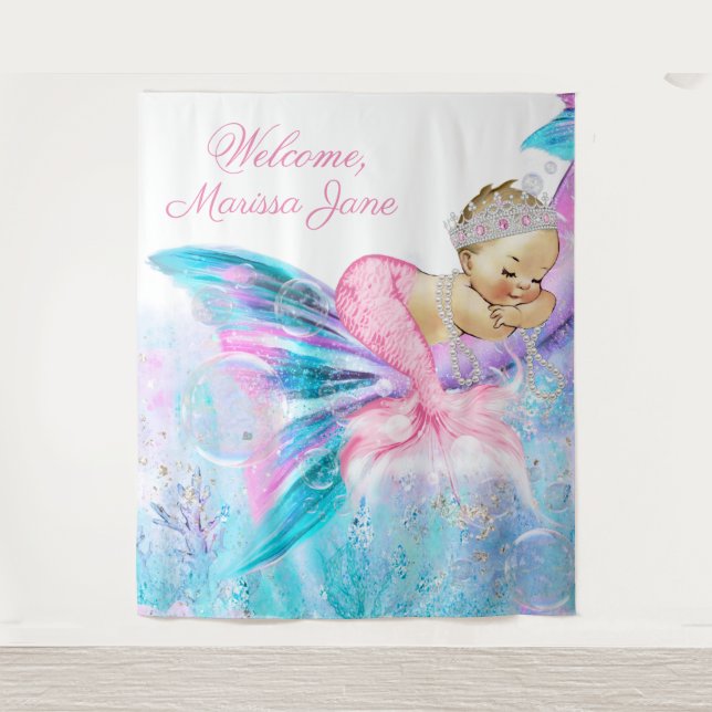 Mermaid Baby Shower Backdrop Blonde Mermaid Tapestry (Front)