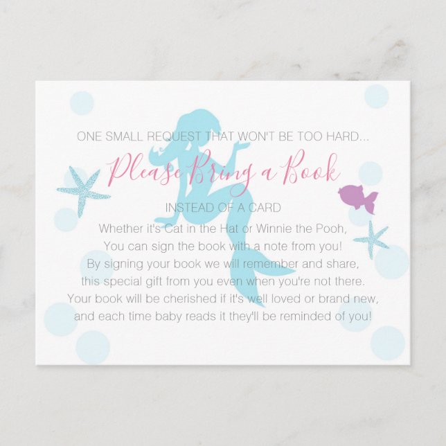Mermaid Baby Shower Bring a Book Teal Purple Pink Invitation Postcard (Front)