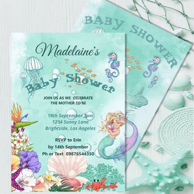 Mermaid Baby Shower Cute Green Under The Sea  Invitation (Creator Uploaded)