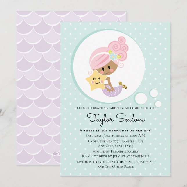 Mermaid Baby Shower Dark Skin Tone Invitation (Front/Back)