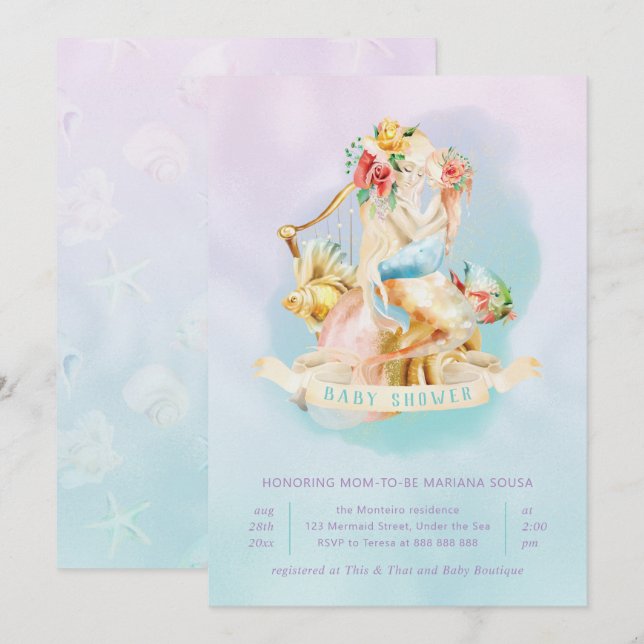 Mermaid Baby Shower Girl Under Sea  Lavender Teal Invitation (Front/Back)