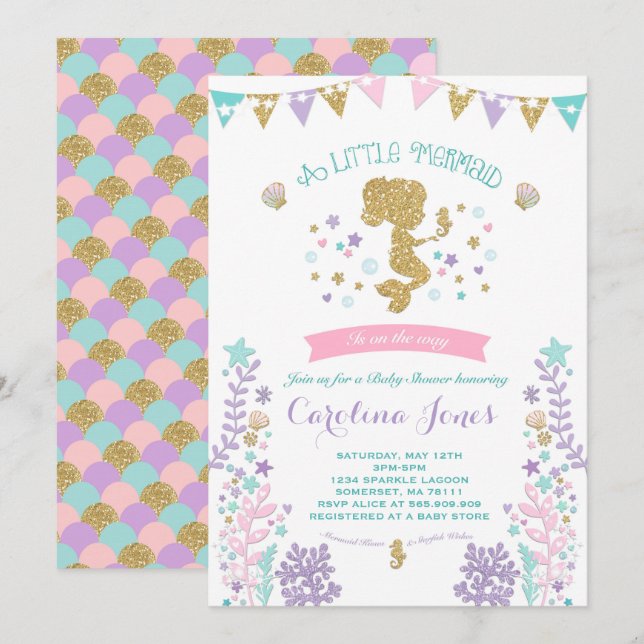 Mermaid Baby Shower Invitation Pink Teal Purple (Front/Back)