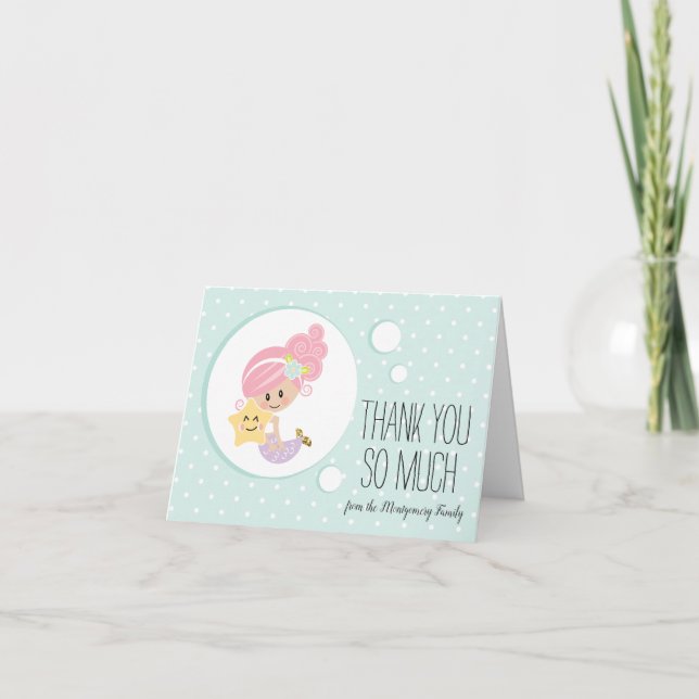 Mermaid Baby Shower Thank You Notecards Light Skin (Front)