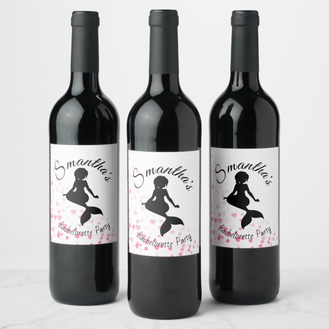 Mermaid bachelorette hearts party wine label (Bottles)