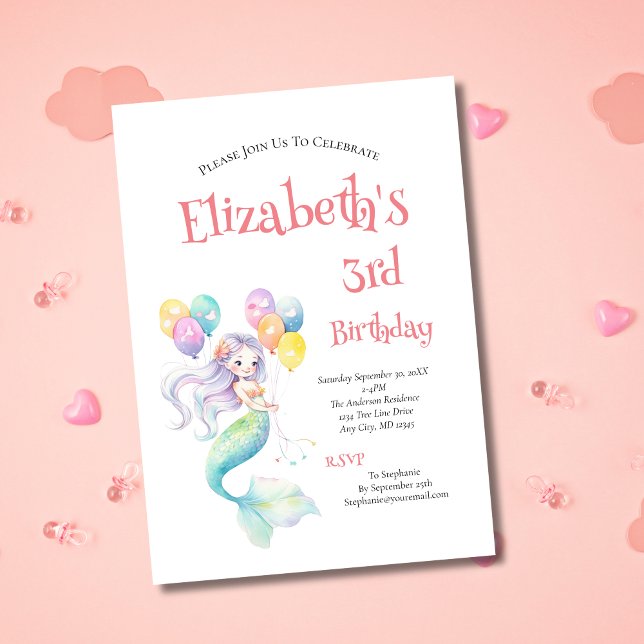 Mermaid Balloons Little Girls Birthday Party Invitation (Mermaid Little Girls Birthday Party Invitation. 2nd 3rd 4th 5th 6 th 7th 8th 9th 10th 11 th birthday)