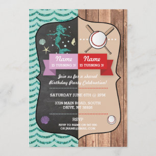 Mermaid & Baseball Joint Boy Girl Birthday Invites