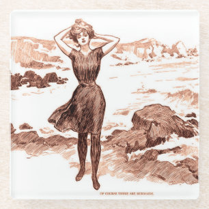 Mermaid Beach Gibson Girl Victorian Antique Glass Coaster