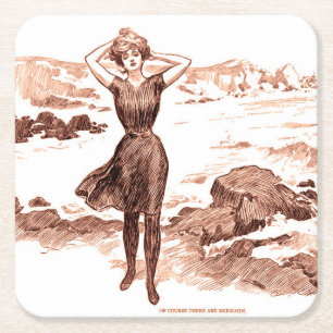 Mermaid Beach Gibson Girl Victorian Antique Square Paper Coaster