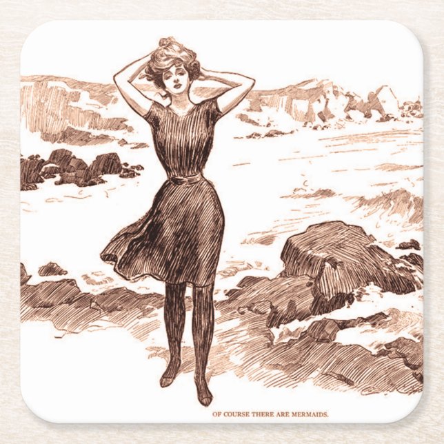 Mermaid Beach Gibson Girl Victorian Antique Square Paper Coaster (Front)