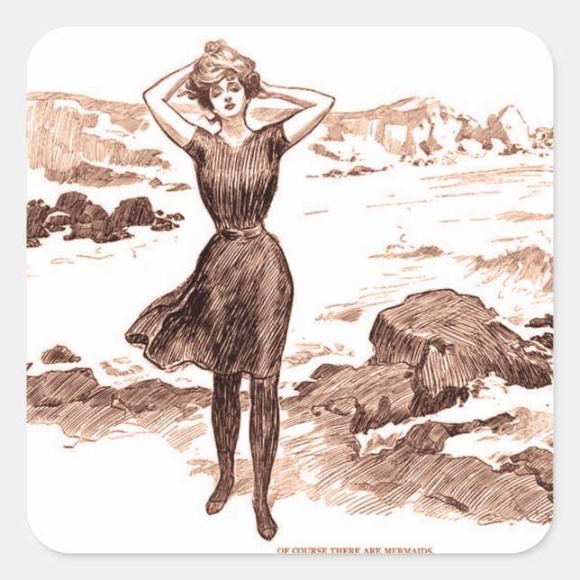 Mermaid Beach Gibson Girl Victorian Antique Square Sticker (Front)
