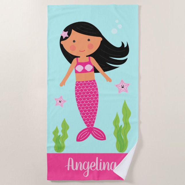 Mermaid Beach Towel |  Medium Skin, Black Hair (Front)