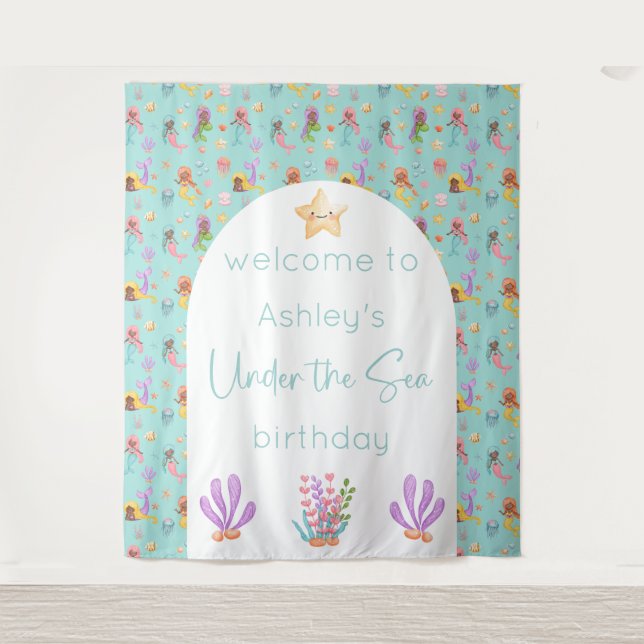 Mermaid Birthday Backdrop Tapestry (Front)