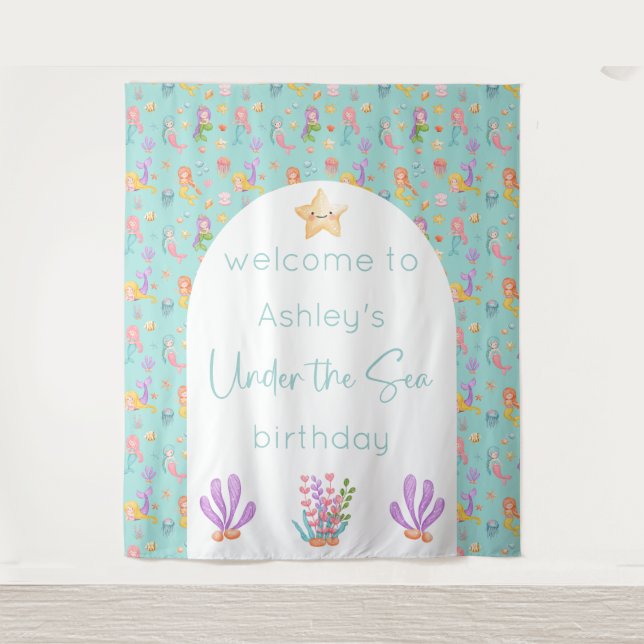 Mermaid Birthday Backdrop Tapestry (Front)