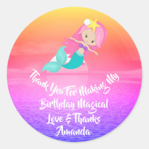 Mermaid Birthday Favour Girlly Tropic Sunset Pink Classic Round Sticker