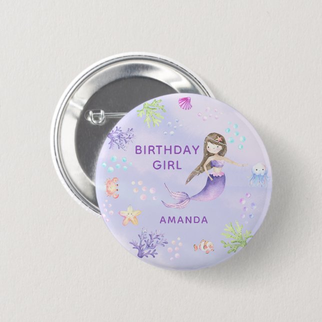 Mermaid Birthday GIRL 2 Inch Round Button (Front & Back)