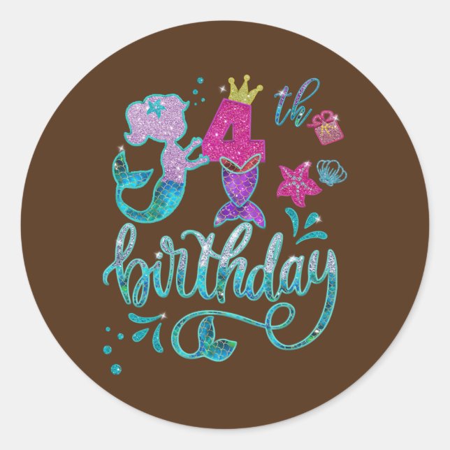 Mermaid Birthday Girl 4 Years Old 4th Bday Girl Classic Round Sticker (Front)