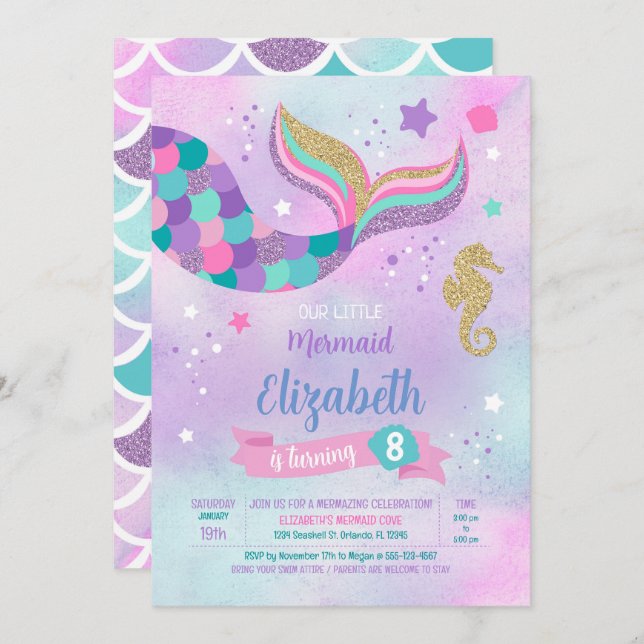Mermaid Birthday Invitation (Front/Back)