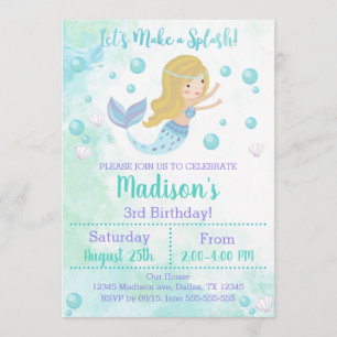 Mermaid Birthday Invitation, Blonde Mermaid Invitation