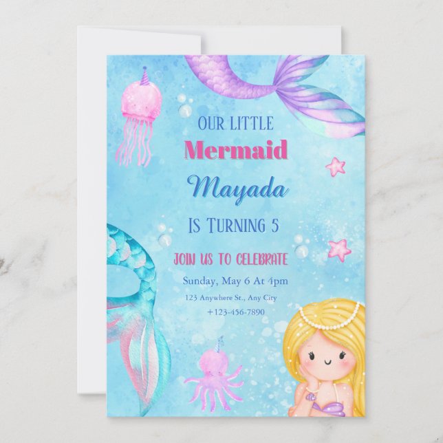 Mermaid Birthday Invitation Editable Template (Front)