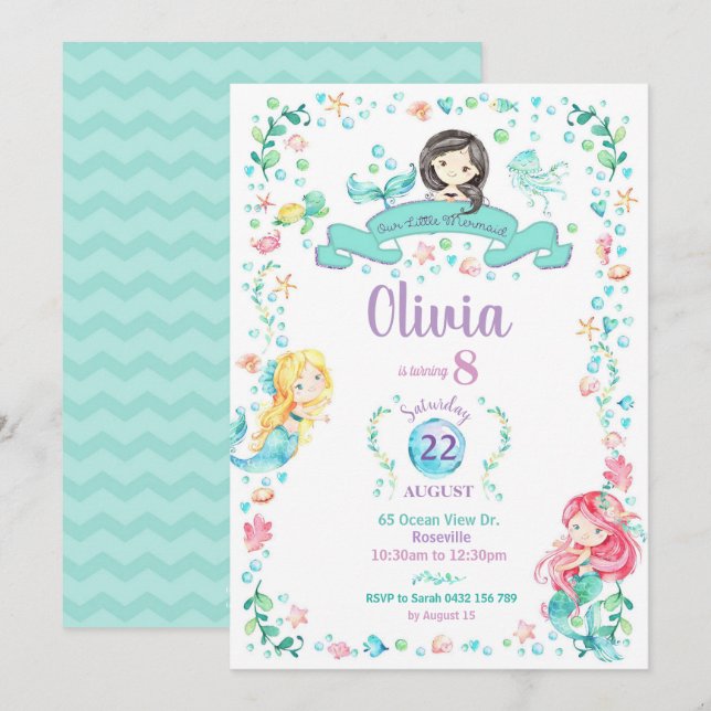 Mermaid Birthday Invitation Girls Pool Party (Front/Back)