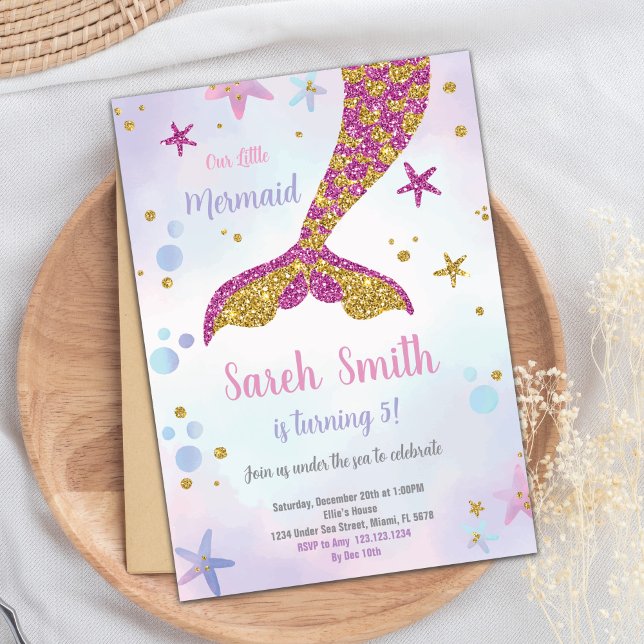Mermaid Birthday Invitation,Mermaid Invitation (Pink and Gold Mermaid Glitter Tail Invitation)