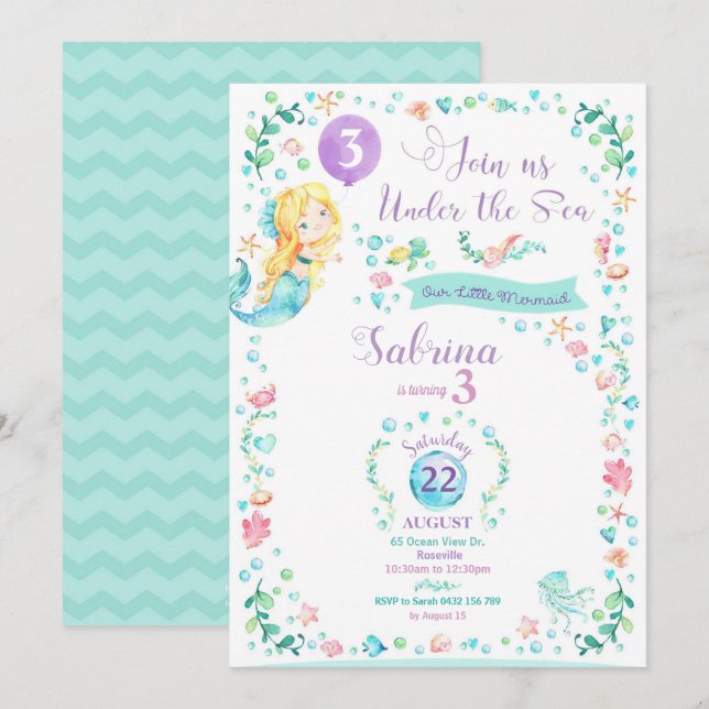 Mermaid Birthday Invitation Mermaid Party Blonde (Front/Back)