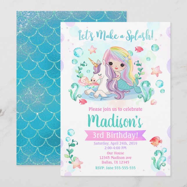 Mermaid Birthday Invitation / Mermaid & Unicorn (Front/Back)