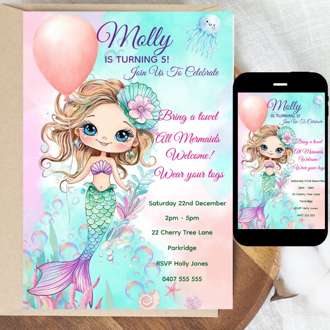 Mermaid Birthday Invitation - Personalized  (Personalized Watercolor Mermaid Birthday Invitation | Editable Text | Digital or Printed | Coloring )