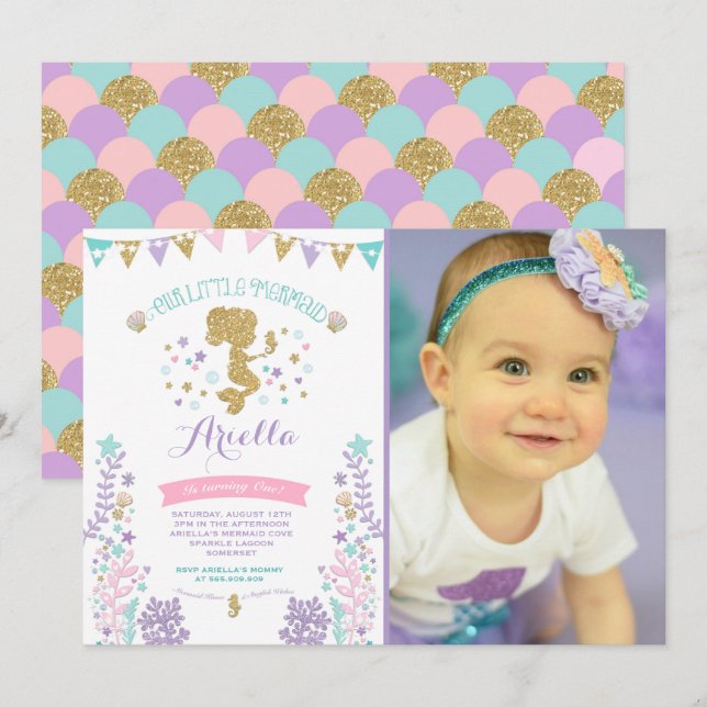 Mermaid Birthday Invitation Under The Sea Party (Front/Back)