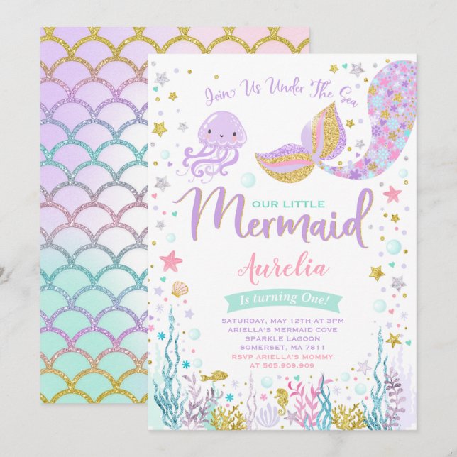 Mermaid Birthday Invitation Under The Sea Party (Front/Back)