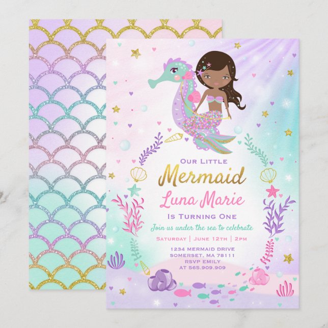 Mermaid Birthday Invitation Under The Sea Party (Front/Back)