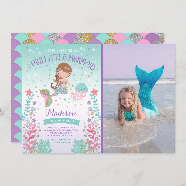 Mermaid Birthday Invitation Under The Sea Party (Front/Back)