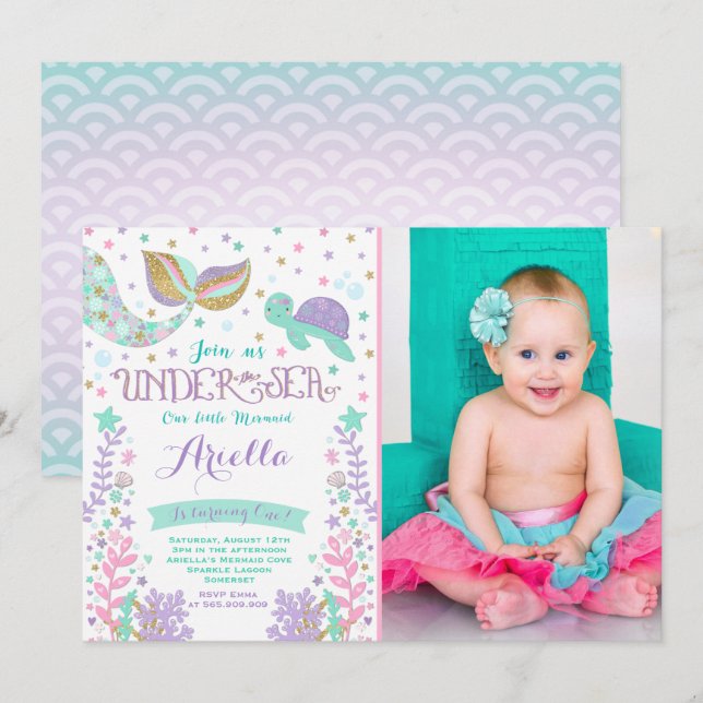 Mermaid Birthday Invitation Under The Sea Party (Front/Back)