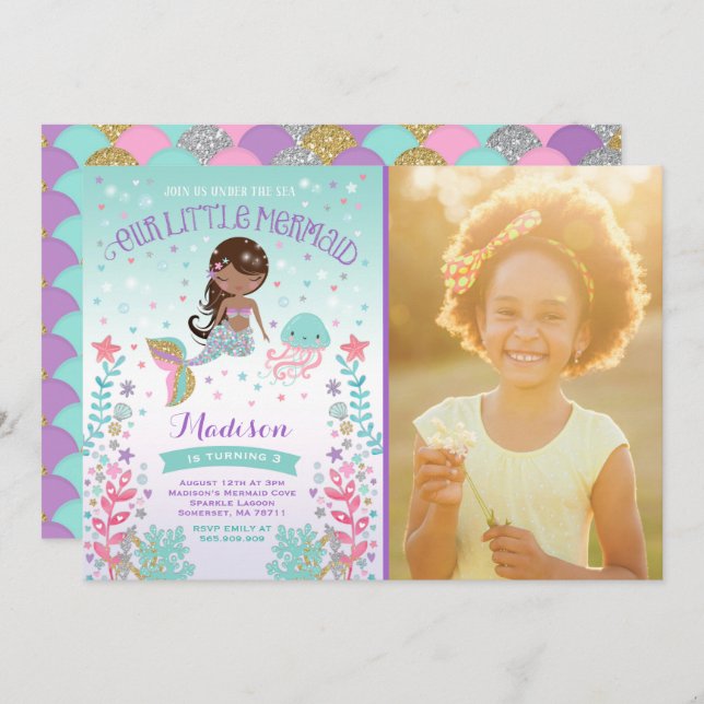 Mermaid Birthday Invitation Under The Sea Party (Front/Back)