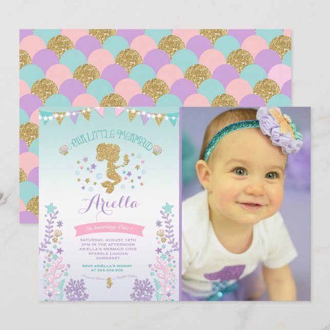 Mermaid Birthday Invitation Under The Sea Party (Front/Back)