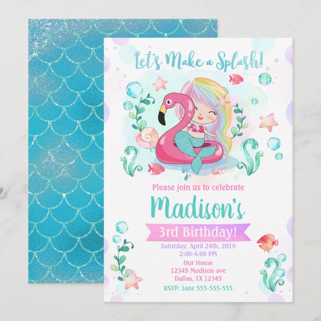 Mermaid Birthday Invitation / Under the Sea Party (Front/Back)