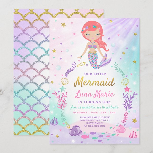 Mermaid Birthday Invitation Under The Sea Party (Front/Back)