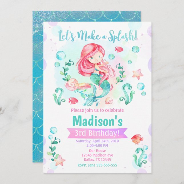 Mermaid Birthday Invitation / Under the Sea Party (Front/Back)