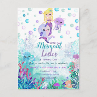 Mermaid Birthday Invitation Under the sea party Postcard