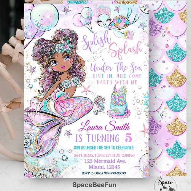 Mermaid Birthday Invitation Unicorn Black Mermaid  (mermaid invitation birthday,Splish Splash Under The Sea, mermaid and unicorn,birthday invitation,mer)