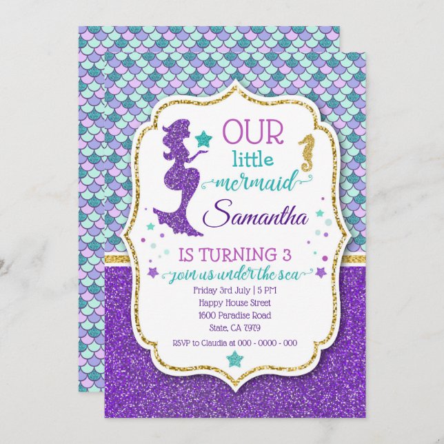 Mermaid Birthday Invitation with Glitter Effect (Front/Back)