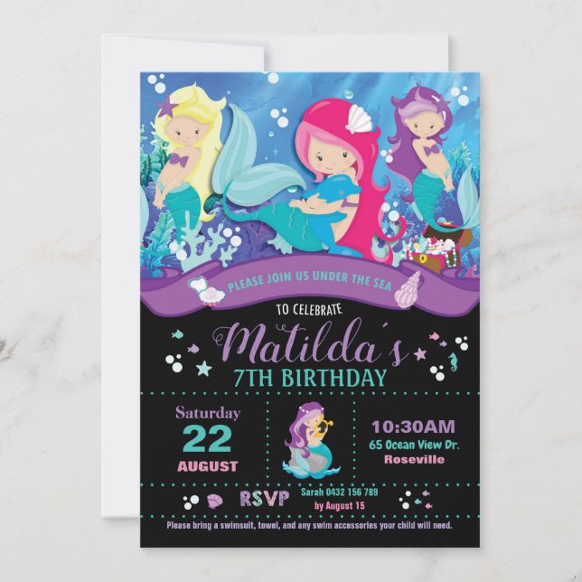 Mermaid Birthday Invitations Girls Party Invites (Front)