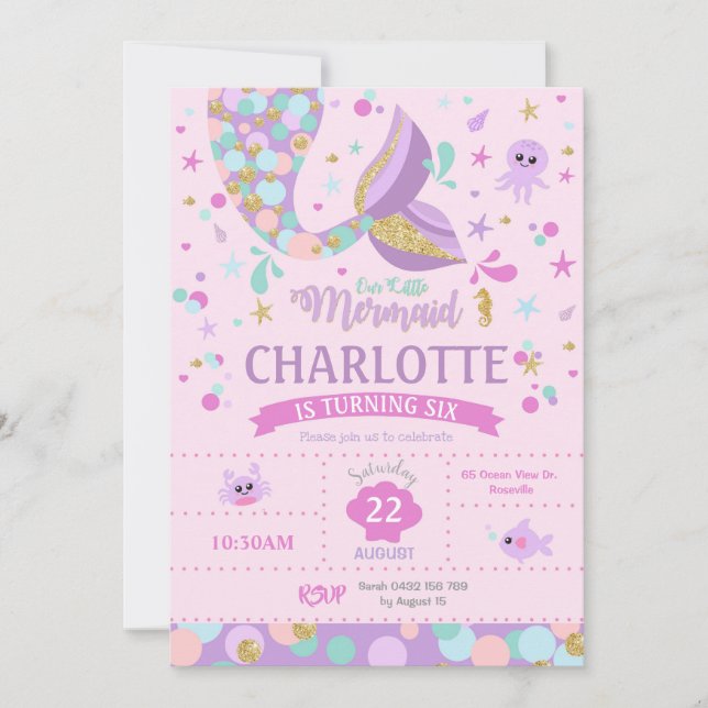 Mermaid Birthday Invitations Mermaid Party Pink (Front)